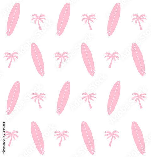 Vector seamless pattern of pink hand drawn doodle sketch surf board and palm tree isolated on white background