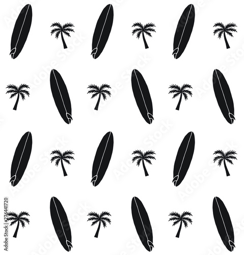 Vector seamless pattern of hand drawn doodle sketch surf board and palm tree isolated on white background 
