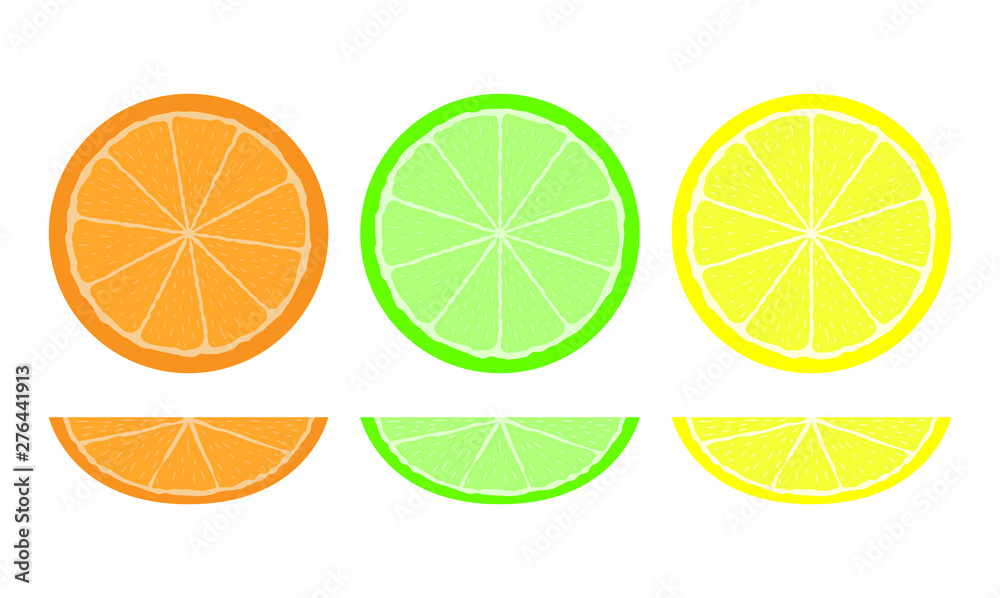 Citrus fruits slices. Flat vector illustration of lemon, lime and orange.