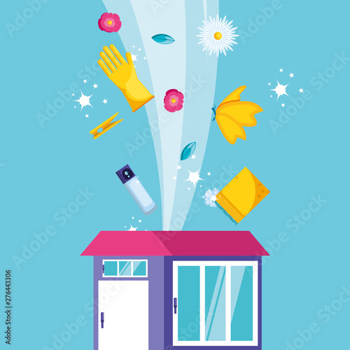 housekeeping tools with facade of home