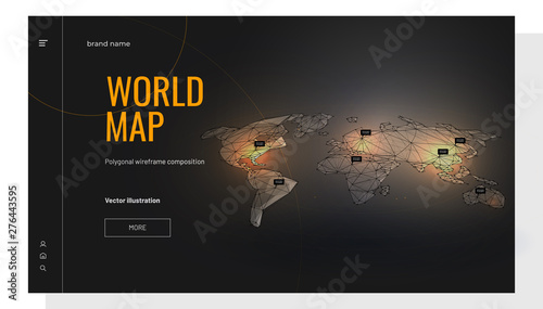 World map isometric. Polygonal wireframe composition. Infografic concept. Abstract illustration isolated on dark background. Particles are connected in a geometric silhouette.