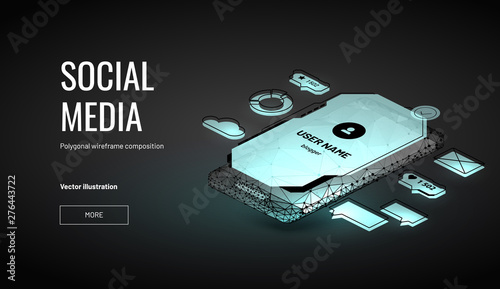 Account in social media. Isometric Low poly wireframe style.Pop-ups tell about likes and messages on the background of the smartphone.Tools for SEO or SMM specialist. Abstract isolated blue