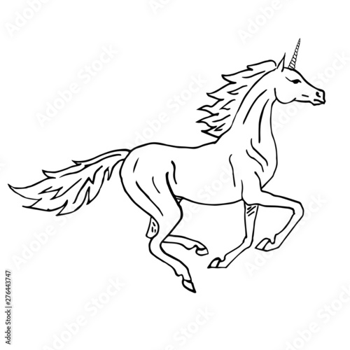 Vector black line hand drawn unicorn galloping isolated on white background