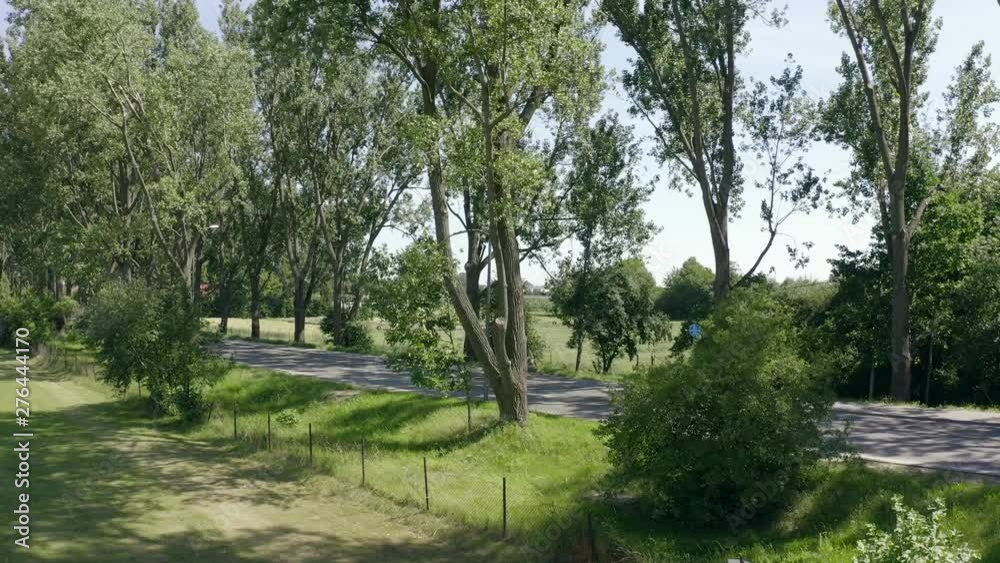 Aerial view of driving a car on a road in a rural area with trees near the field. Aerial shot of transport vehicles traveling along a highway surrounded by forest  Daylight rural territory of Poland.