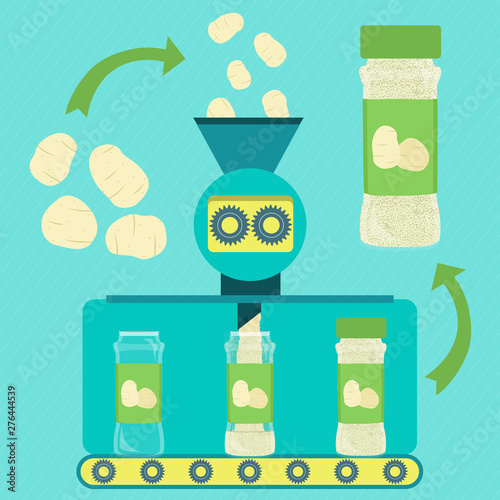 Potato powder line series production. Factory of potatoes powder. Fresh potato being processed. Bottled potatoes powder.