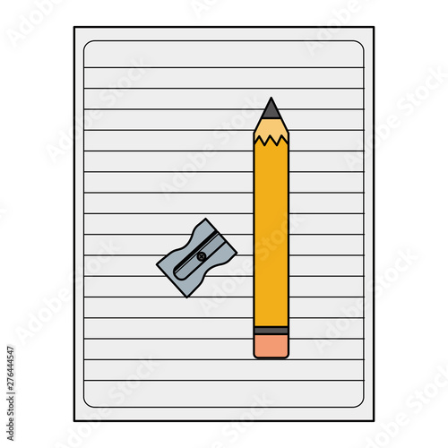 sheet of notebook paper with pencil and sharpener