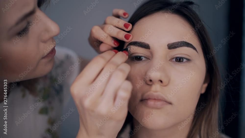 make up artist tweezing eyebrows of young beautiful female make up artist tweezing eyebrows of young beautiful female
