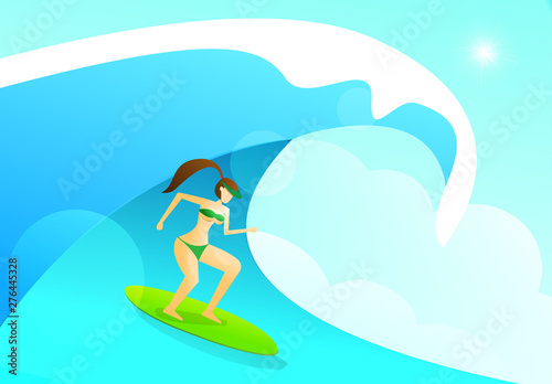 Summer background with woman playing surfing