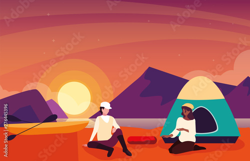 campers in camping zone with tent sunset scene