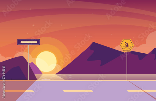 sunrise landscape nature with signage for cyclist