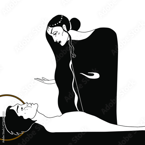 Pieta. Goddess mourning over dead god. Male and female archetypes. Original style art.