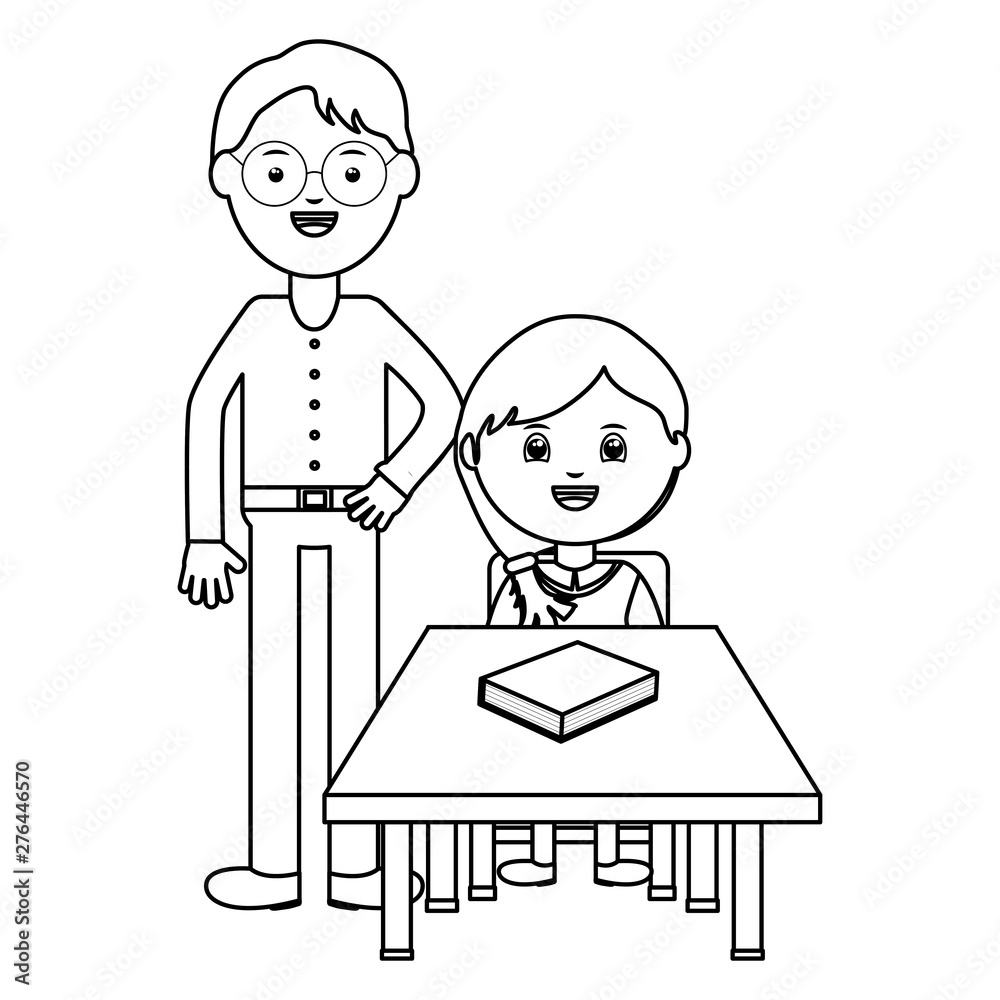 cute little students girl seated in schooldesk with male teacher cute little students girl seated in schooldesk with male teacher