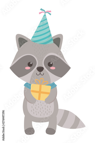 Raccoon cartoon with happy birthday icon design
