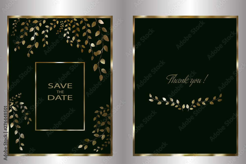  Holiday card template, invitation for a celebration, wedding, birthday, anniversary. With a golden frame and golden branches with leaves. Vector.
