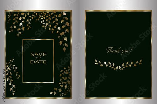  Holiday card template, invitation for a celebration, wedding, birthday, anniversary. With a golden frame and golden branches with leaves. Vector.