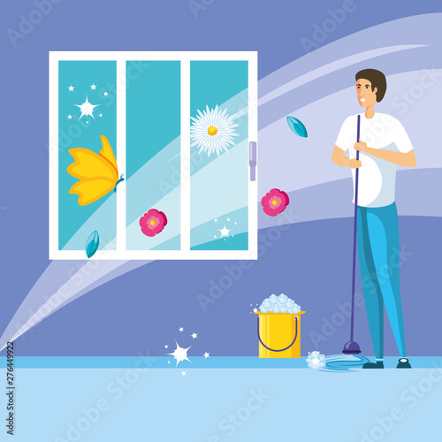 housekeeping worker indoor with icons
