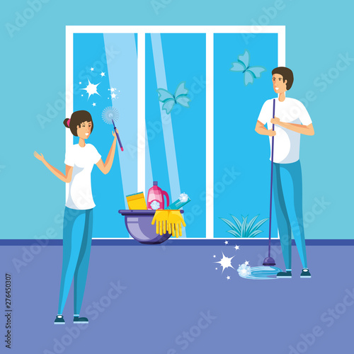 housekeeping couple working indoor home
