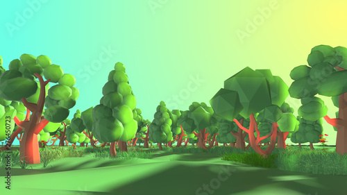 Outdoor nature environment low poly concept 3d render green forest mountain valley - 3D illustration rendering