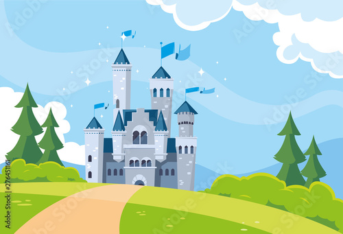 Print op canvas castle building fairytale in mountainous landscape