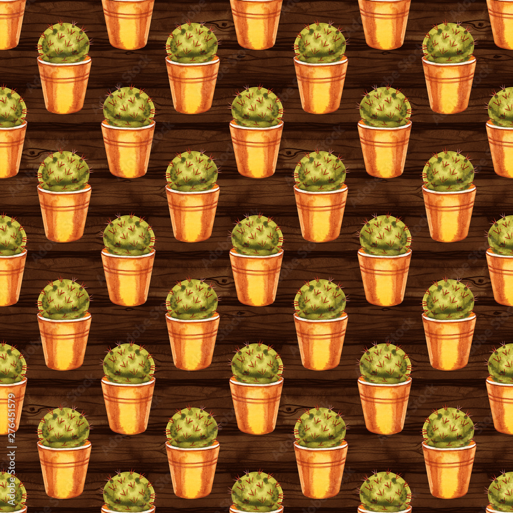 Seamless pattern of cacti in pots, illustration in vintage style.