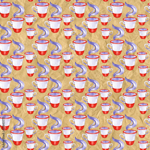 Watercolor seamless pattern of color cups with coffee
