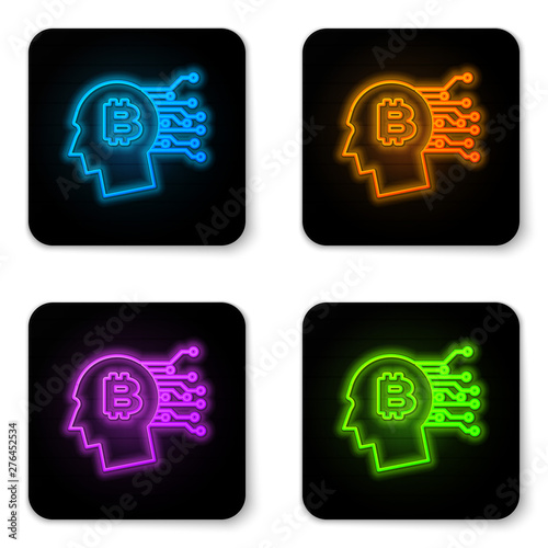 Glowing neon Bitcoin think icon isolated on white background. Cryptocurrency head. Blockchain technology, bitcoin, digital money market, cryptocoin wallet. Black square button. Vector Illustration