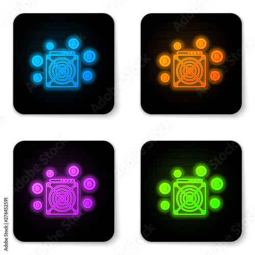 Glowing neon ASIC Miner icon isolated on white background. Cryptocurrency mining equipment and hardware. Application specific integrated circuit. Black square button. Vector Illustration