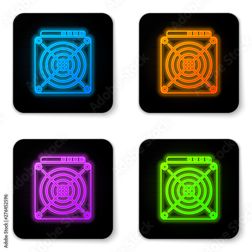 Glowing neon ASIC Miner icon isolated on white background. Cryptocurrency mining equipment and hardware. Application specific integrated circuit. Black square button. Vector Illustration