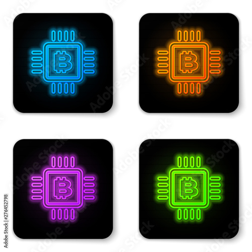 Glowing neon CPU mining farm icon isolated on white background. Bitcoin sign inside microchip. Cryptocurrency mining community. Digital money. Black square button. Vector Illustration