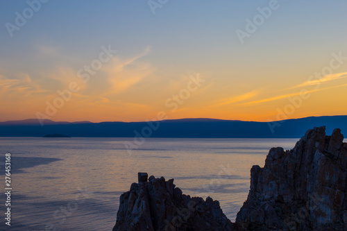 Beautiful sunset on lake Baikal. Siberia, Russia. Baikal nature.