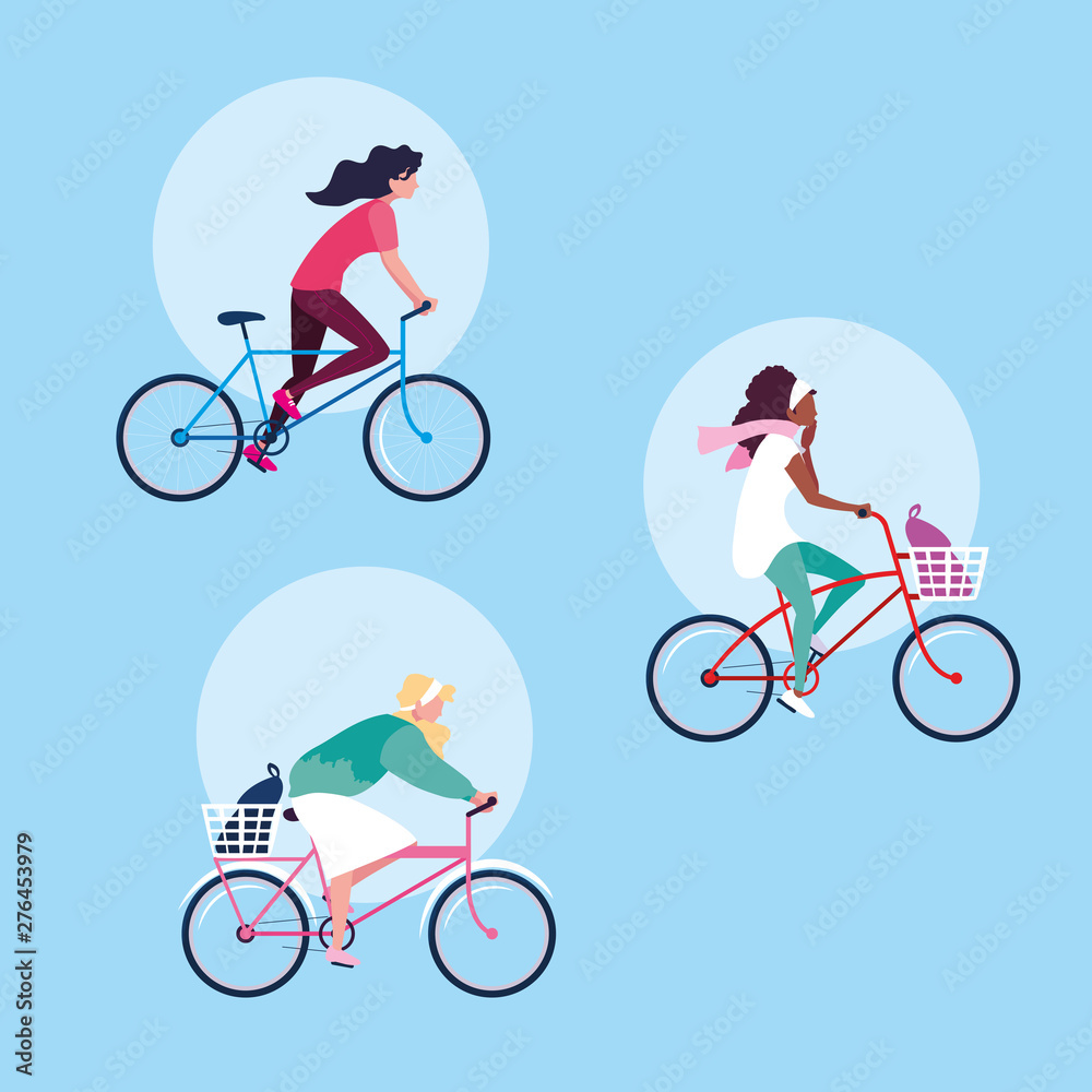 group of young women riding bike avatar character - obrazy, fototapety, plakaty 
