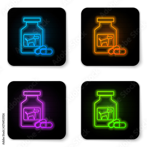Glowing neon Dog medicine bottle and pills icon isolated on white background. Container with pills. Prescription medicine for animal. Black square button. Vector Illustration