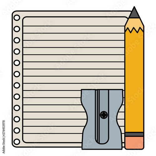 sheet of notebook paper with pencil and sharpener