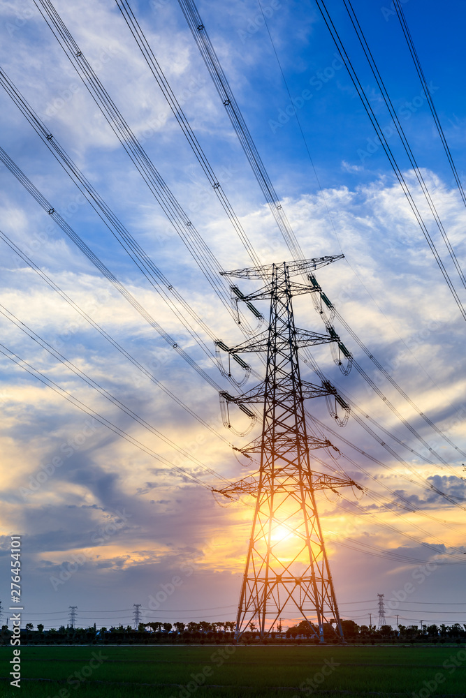 High voltage post,High voltage tower sky sunset background