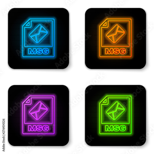 Glowing neon MSG file document icon. Download msg button icon isolated on white background. MSG file symbol. Black square button. Vector Illustration