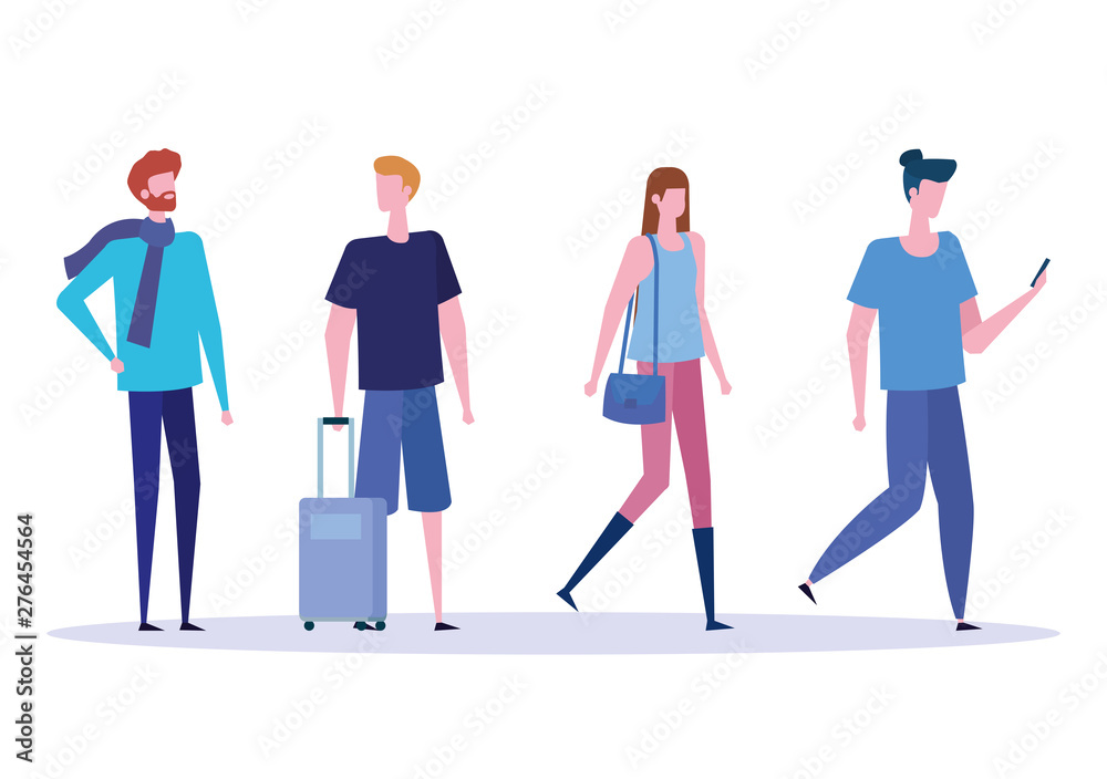 set of woman and men with casual clothes and baggage