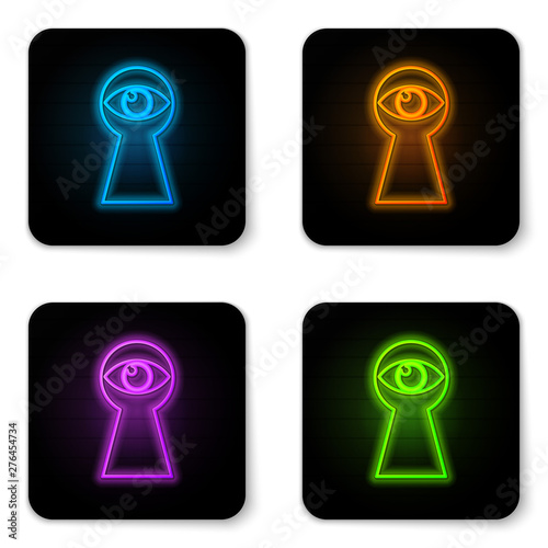 Glowing neon Keyhole with eye icon isolated on white background. The eye looks into the keyhole. Keyhole eye hole. Black square button. Vector Illustration