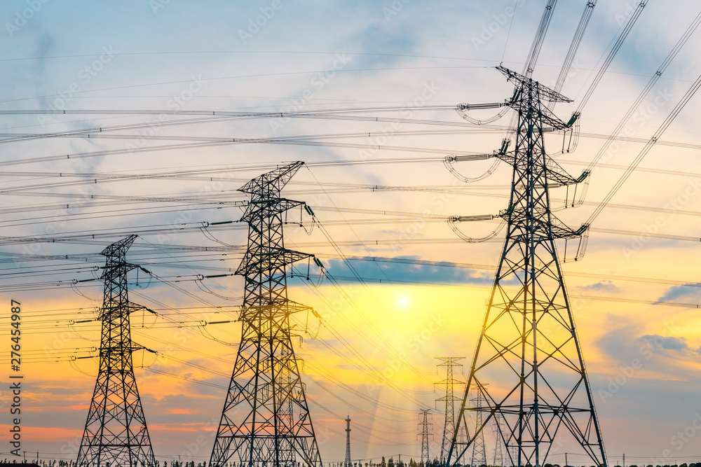 High voltage post,High voltage tower sky sunset background