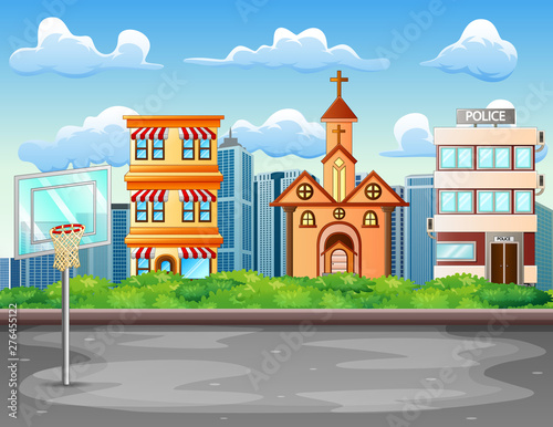Cartoon background with basketball court in city landscape