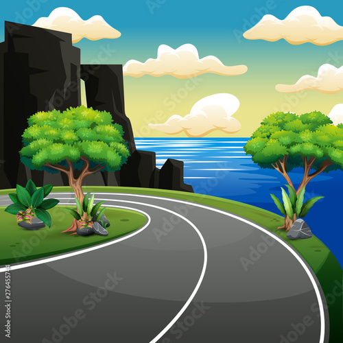 Country side road near the beach and tropical sea