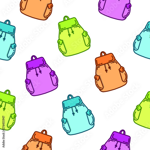 School backpack seamless pattern on white background. Cute bag seamless pattern