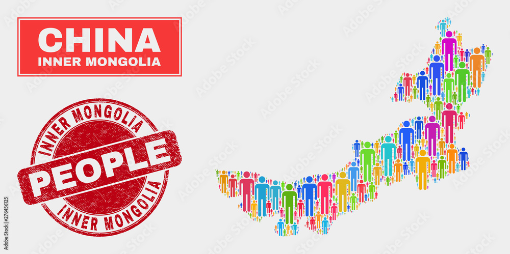 Demographic Inner Mongolia map illustration. People colorful mosaic Inner Mongolia map of guys, and red round dirty watermark. Vector composition for population audience plan. Demographic Inner Mongolia map illustration. People colorful mosaic Inner Mongolia map of guys, and red round dirty watermark. Vector composition for population audience plan.