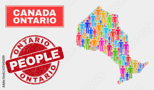 Demographic Ontario Province map illustration. People bright mosaic Ontario Province map of crowd, and red round scratched seal. Vector collage for nation audience representation.