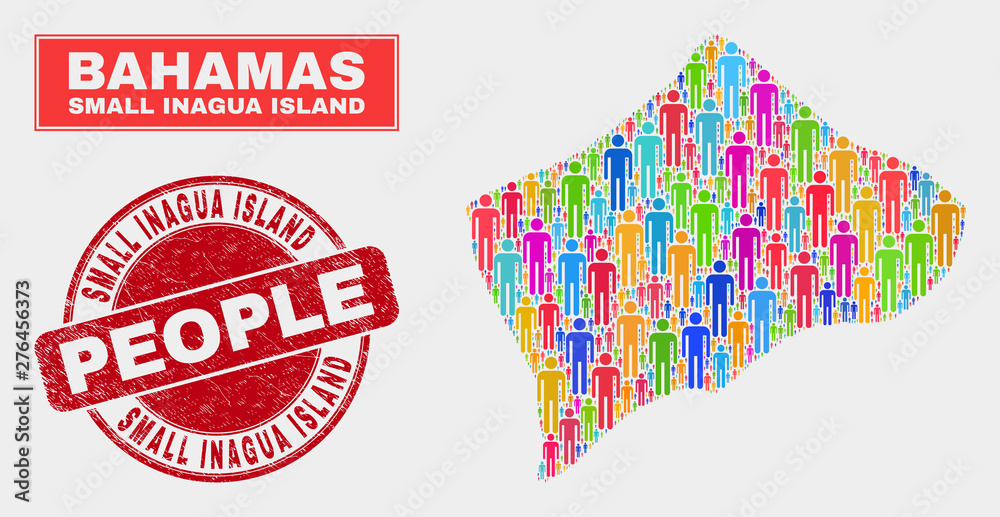 Obraz premium Demographic Small Inagua Island map abstraction. People colorful mosaic Small Inagua Island map of men, and red round scratched seal. Vector composition for population audience report.
