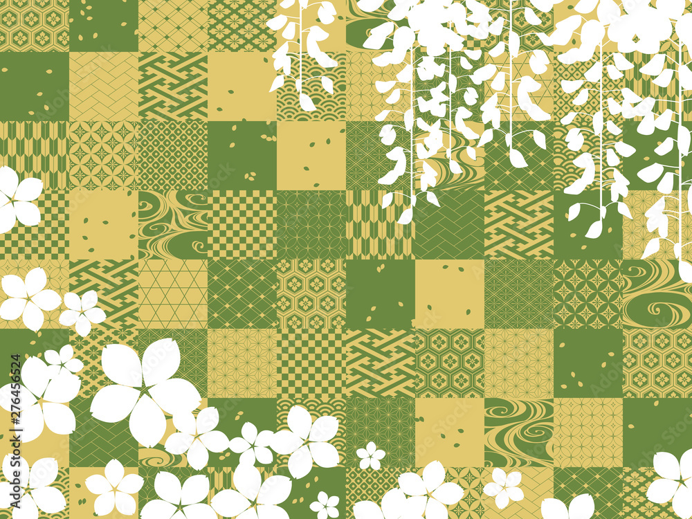 和柄 藤と桜の和風背景素材 緑 Stock Illustration Adobe Stock