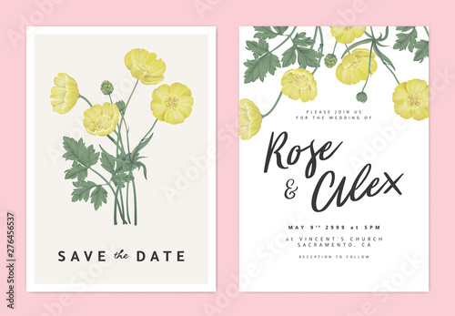 Botanical wedding invitation card template design, yellow creeping buttercup flowers bouquet, pastel vintage theme
