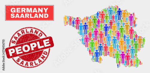 Demographic Saarland Land map illustration. People bright mosaic Saarland Land map of humans, and red rounded grunge seal. Vector combination for national group representation.