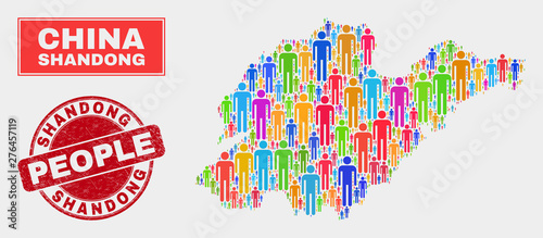 Demographic Shandong Province map abstraction. People colorful mosaic Shandong Province map of guys, and red round textured stamp seal. Vector combination for population community report.