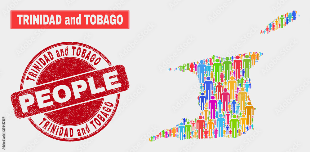 Demographic Trinidad and Tobago map abstraction. People colorful mosaic Trinidad and Tobago map of crowd, and red rounded dirty seal. Vector composition for population mass representation. Demographic Trinidad and Tobago map abstraction. People colorful mosaic Trinidad and Tobago map of crowd, and red rounded dirty seal. Vector composition for population mass representation.