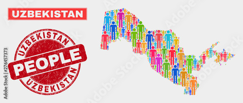 Demographic Uzbekistan map illustration. People color mosaic Uzbekistan map of guys, and red rounded rubber watermark. Vector combination for population community representation.